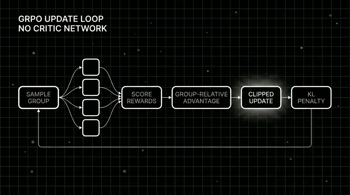 Blueprint diagram of the five-step GRPO update loop: sample a group, score rewards, compute group-relative advantage, apply a clipped policy update, and add a KL penalty in the loss.