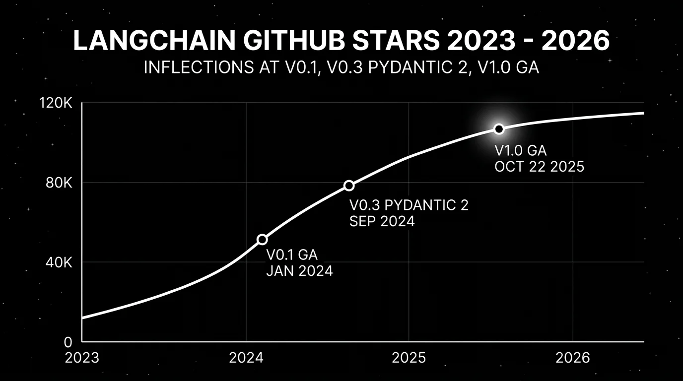 Editorial line chart titled LangChain GitHub Stars 2023-2026 on a black starfield background, with a smooth white sigmoid curve climbing from ~10K stars in 2023 to ~115K in 2026. Three labeled inflection points: V0.1 GA Jan 2024 at ~50K, V0.3 Pydantic 2 Sep 2024 at ~75K, and a glowing focal V1.0 GA Oct 22 2025 dot at ~105K.
