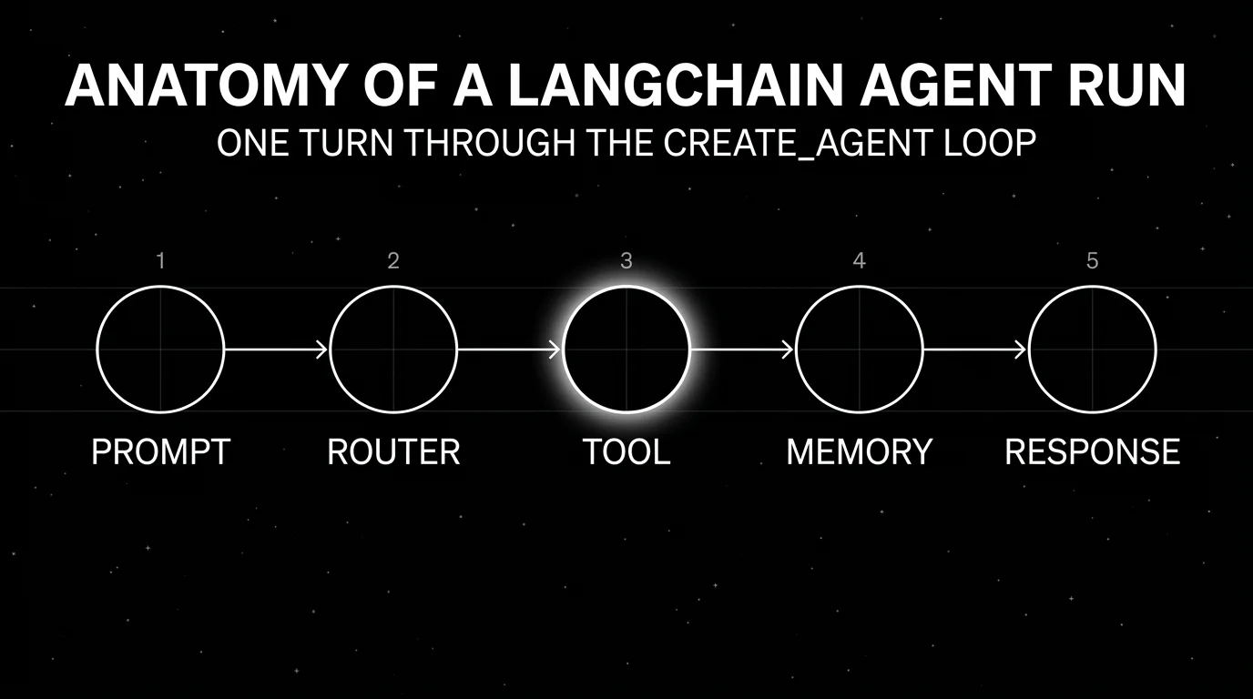 Editorial five-node horizontal flow diagram titled Anatomy of a LangChain Agent Run, subhead One Turn Through The create_agent Loop. Five thin white circles connected by white arrows on a black starfield: 1 Prompt > 2 Router > 3 Tool (glowing focal node) > 4 Memory > 5 Response.