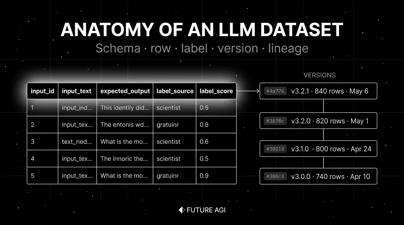 Editorial figure on a black starfield background titled ANATOMY OF AN LLM DATASET with subhead Schema, row, label, version, lineage. Left side shows a vertical schema stack with five rows and column headers (input_id, input_text, expected_output, label_source, label_score) with a soft white halo behind the header row. Right side shows a vertical version-history panel with four commit-style rows representing v3.2.1 down to v3.0.0.