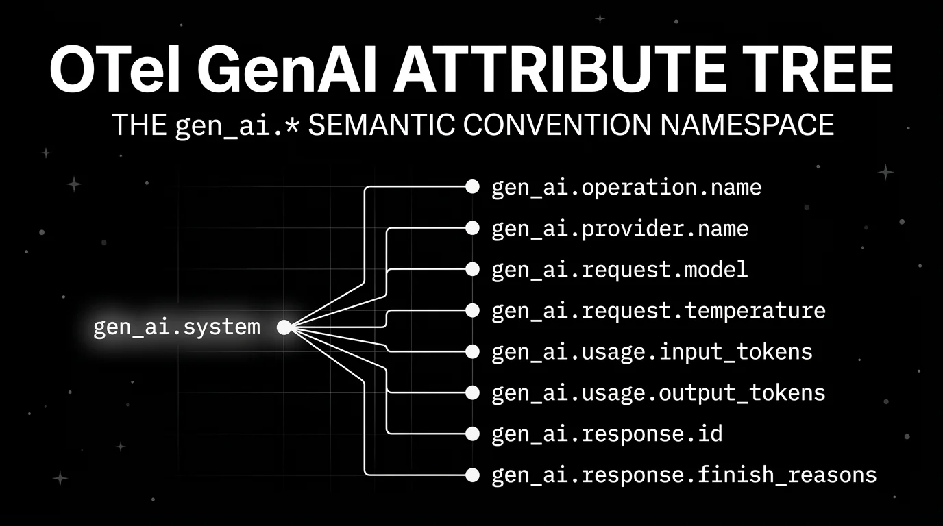 Editorial tree diagram of the OTel GenAI gen_ai.* attribute namespace on a black starfield background: a glowing root node labeled gen_ai.system on the left, with thin white branch lines connecting to eight leaf attributes on the right (gen_ai.operation.name, gen_ai.provider.name, gen_ai.request.model, gen_ai.request.temperature, gen_ai.usage.input_tokens, gen_ai.usage.output_tokens, gen_ai.response.id, gen_ai.response.finish_reasons).
