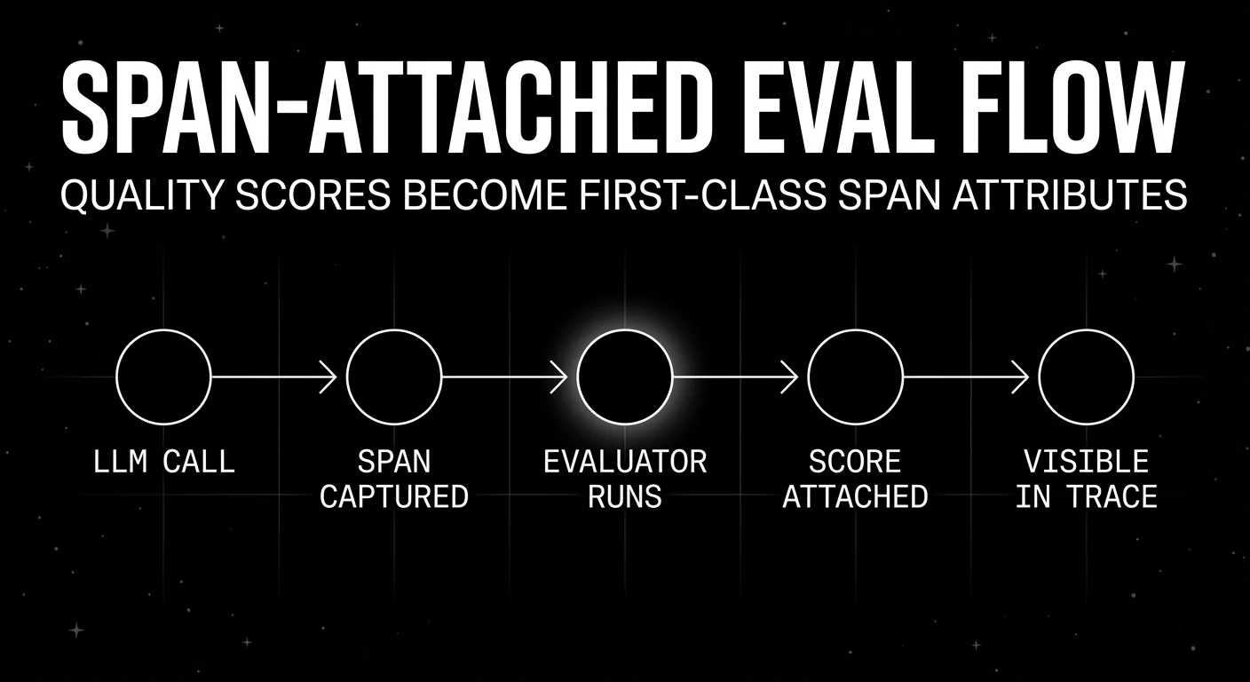 Editorial five-node horizontal arrow flow on a black starfield background showing the span-attached eval sequence: LLM CALL to SPAN CAPTURED to EVALUATOR RUNS (focal node with a soft white glow) to SCORE ATTACHED to VISIBLE IN TRACE, drawn as thin white circles connected by thin white arrows.