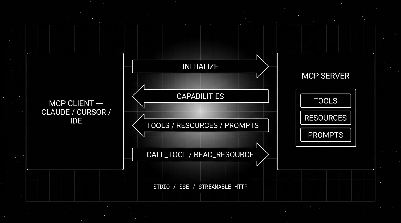 Editorial figure on a black starfield background showing the MCP server lifecycle. On the left an outlined CLIENT box labeled MCP CLIENT - CLAUDE / CURSOR / IDE; on the right an outlined SERVER box labeled MCP SERVER. Between them four labeled bidirectional arrows stacked vertically: INITIALIZE (top, left to right), CAPABILITIES (right to left), TOOLS / RESOURCES / PROMPTS (right to left), CALL_TOOL / READ_RESOURCE (left to right). Inside the SERVER box a small sub-diagram with three primitives stacked: TOOLS, RESOURCES, PROMPTS. The middle space carries a soft white halo glow. Below the diagram a small caption STDIO / SSE / STREAMABLE HTTP.