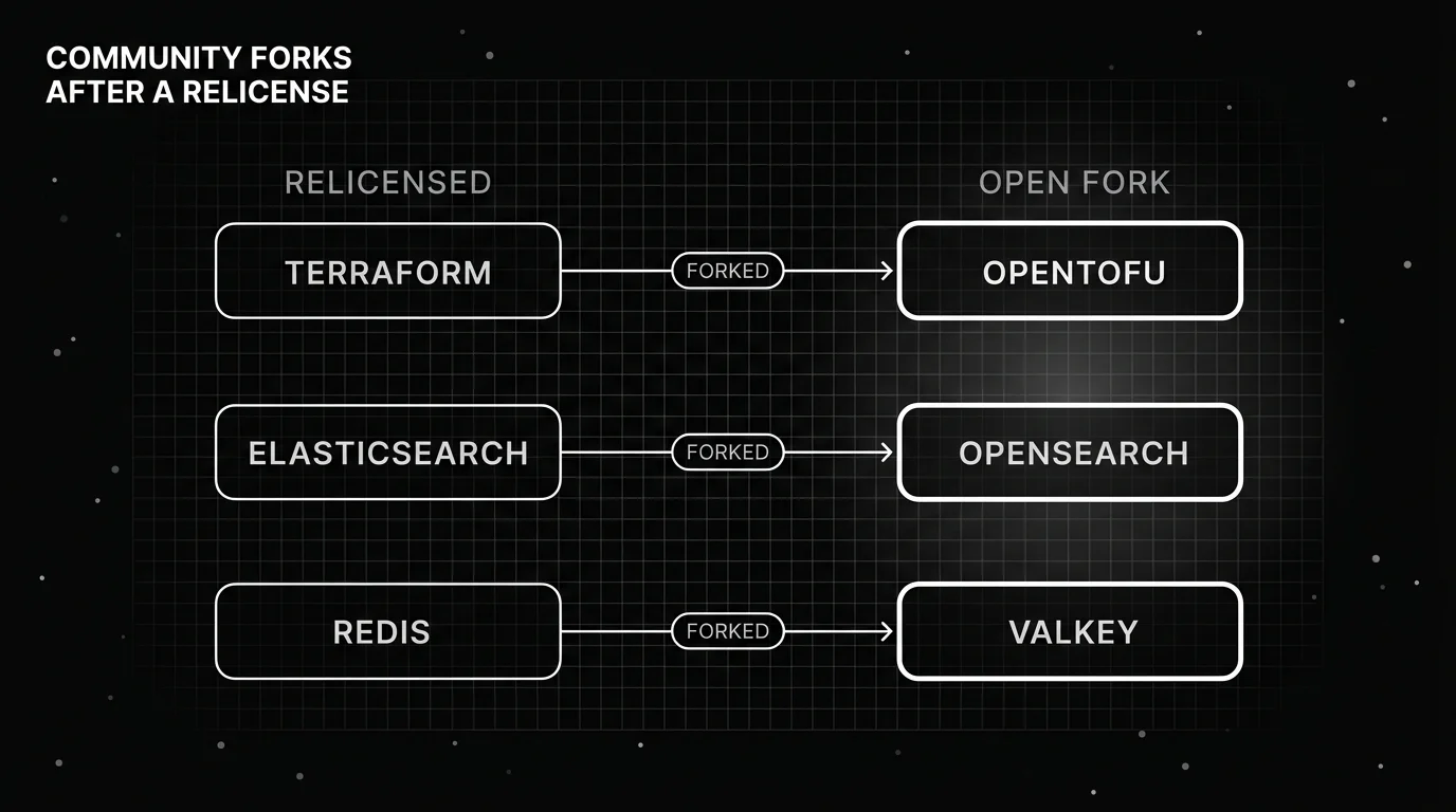 Three community forks that kept software open after the original relicensed to a source-available license: Terraform to OpenTofu, Elasticsearch to OpenSearch, and Redis to Valkey.
