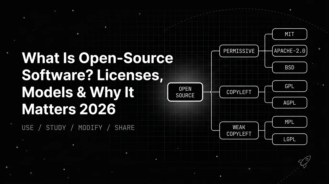 Monochrome family tree of open source software licenses, from permissive to copyleft.