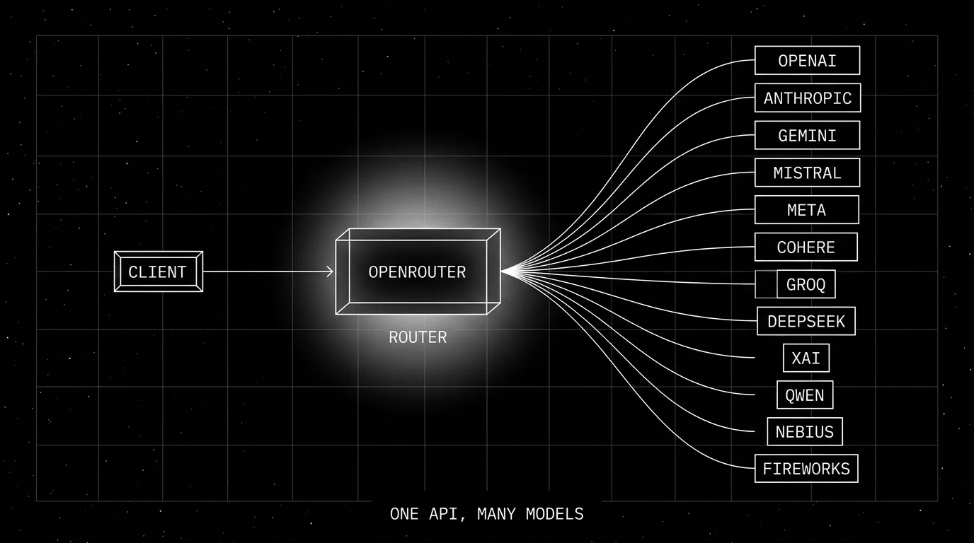 Editorial figure on a black starfield background showing the OpenRouter request flow as a horizontal diagram. On the left a small CLIENT box with a thin arrow leading to a central wireframe ROUTER box labeled OPENROUTER carrying a soft white halo glow. From the router, twelve thin lines fan out rightward to a vertical column of small outlined provider boxes labeled OPENAI, ANTHROPIC, GEMINI, MISTRAL, META, COHERE, GROQ, DEEPSEEK, XAI, QWEN, NEBIUS, FIREWORKS. Below the diagram a thin caption ONE API, MANY MODELS.