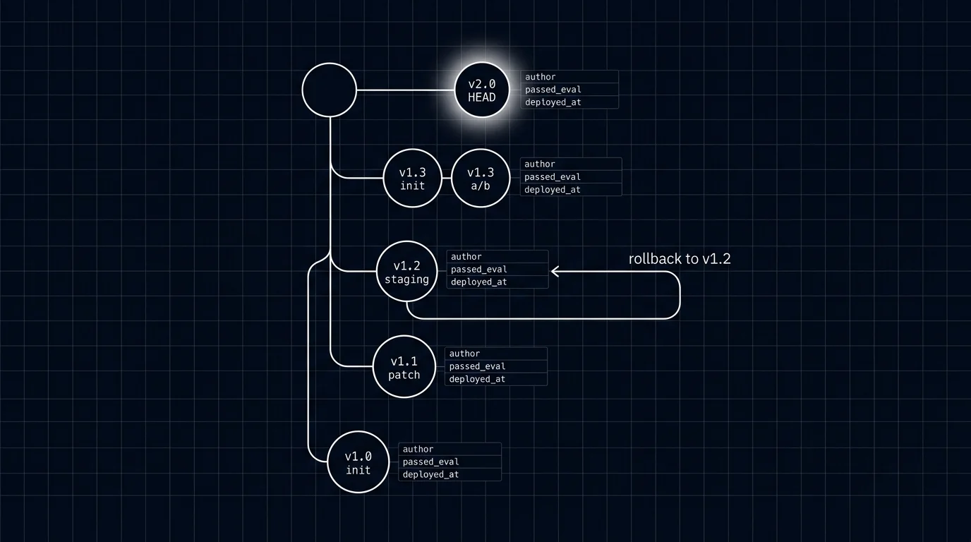 Editorial figure on a black background with a faint grid showing a vertical prompt-version git graph: five circular nodes labeled v1.0, v1.1, v1.2, v1.3, v2.0 connected by a vertical line with a side branch labeled rollback to v1.2 curving back. The HEAD node v2.0 has a soft white halo glow. Each node is annotated with author, passed_eval, deployed_at metadata blocks.