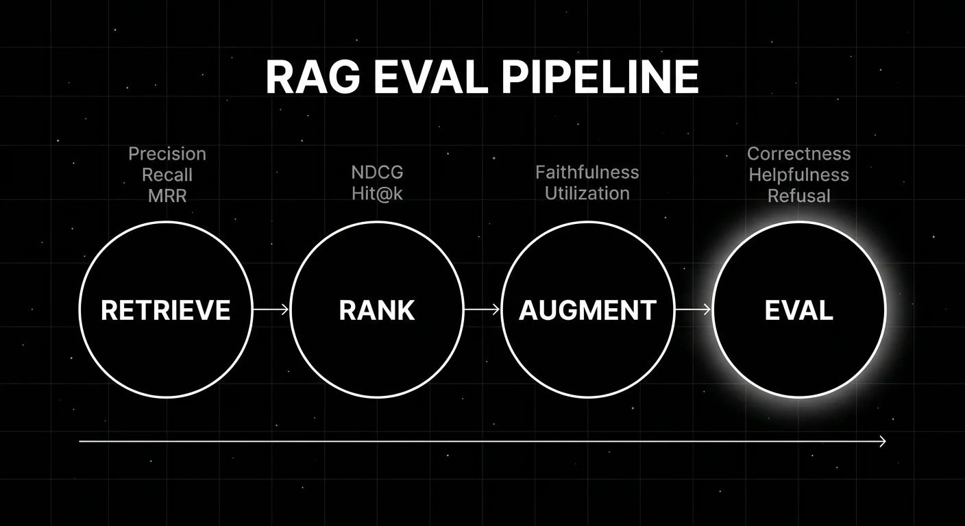 Editorial diagram on a black starfield background showing the four-stage RAG evaluation pipeline as a horizontal flow: four nodes drawn as thin white outlined circles connected by thin white arrows, labeled in white sans-serif: RETRIEVE → RANK → AUGMENT → EVAL. Above each node, a tiny gray sans-serif metric list: RETRIEVE (Precision · Recall · MRR), RANK (NDCG · Hit@k), AUGMENT (Faithfulness · Utilization), EVAL (Correctness · Helpfulness · Refusal). The EVAL node glows with a soft white radial halo as the focal element. The headline RAG EVAL PIPELINE in white sans-serif at the top. Pure white outlines on pure black with faint grid background.
