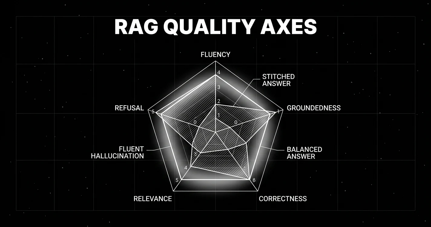 Editorial diagram on a black starfield background showing the RAG quality axes. A horizontal radar chart with five axes labeled FLUENCY, GROUNDEDNESS, CORRECTNESS, RELEVANCE, REFUSAL, drawn as thin white outlines on a black background. Three overlapping shaded polygons represent three different RAG outputs: STITCHED ANSWER scoring high on groundedness and correctness but low on fluency, FLUENT HALLUCINATION scoring high on fluency but low on groundedness, BALANCED ANSWER scoring high on all five axes with a soft white halo glow indicating the target shape. Pure white outlines on pure black with faint grid background and headline RAG QUALITY AXES in white sans-serif at the top.