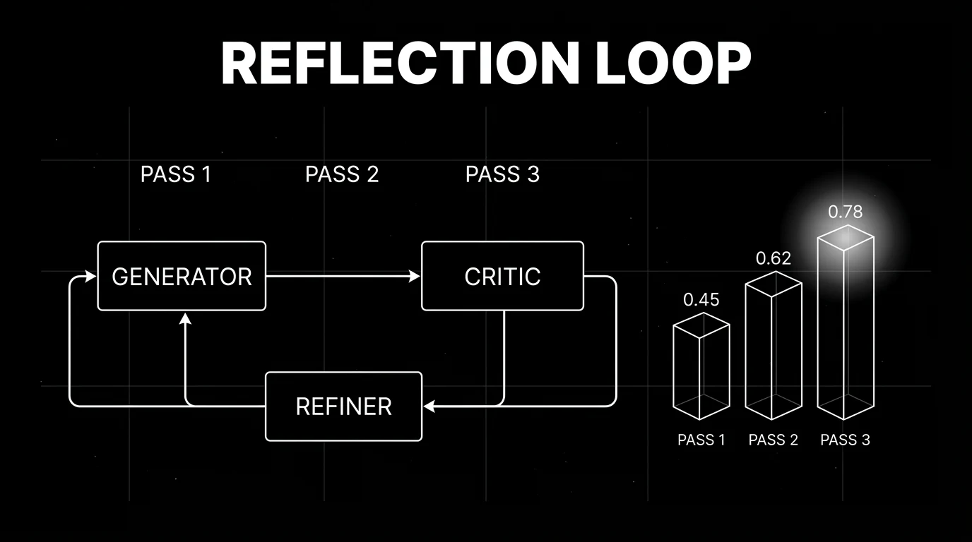 Editorial diagram on a black starfield background showing the reflection loop. A central node labeled GENERATOR with a thin white arrow flowing right into a node labeled CRITIC. From CRITIC a thin white arrow loops back left into a node labeled REFINER which sits below the GENERATOR, and from REFINER an arrow flows back up into GENERATOR. Above the loop a small label PASS 1, PASS 2, PASS 3 indicates iterations. To the right of the loop a small bar chart shows three bars labeled PASS 1 PASS 2 PASS 3 with rising scores 0.45 0.62 0.78 and a soft white halo glow on the highest bar. The headline REFLECTION LOOP in white sans-serif at the top. Pure white outlines on pure black with faint grid background.