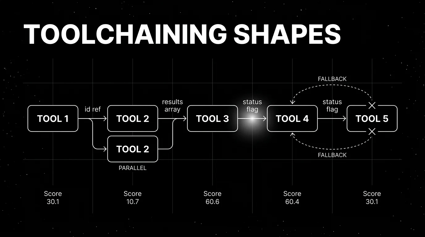 Editorial diagram on a black starfield background showing a tool chain. Five horizontal nodes labeled in white sans-serif: TOOL 1, TOOL 2 (parallel branch), TOOL 3, TOOL 4 (parallel branch), TOOL 5, connected by thin white arrows. Above each arrow is a small label showing what state passes between the tools (id ref, results array, status flag). TOOL 2 and TOOL 4 sit on a parallel branch off the main line, drawn with thin white outlines and a small label PARALLEL. TOOL 5 has a red x mark indicating failure, with a thin dashed white arrow looping back to TOOL 4 labeled FALLBACK. The connector between TOOL 3 and TOOL 4 carries a soft white halo glow indicating the focal state-passing point. Pure white outlines on pure black with faint grid background and headline TOOLCHAINING SHAPES in white sans-serif at the top.