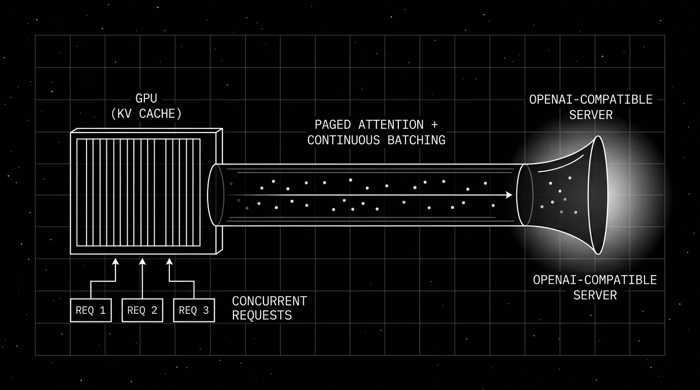 Editorial figure on a black starfield background showing the vLLM architecture as a horizontal diagram. On the left, an outlined GPU rectangle with vertical compute-grid lines inside labeled GPU KV CACHE. From the GPU, a wide horizontal tube labeled PAGED ATTENTION + CONTINUOUS BATCHING extends rightward with small dots inside representing batched tokens. The tube ends in a flared output nozzle on the right labeled OPENAI-COMPATIBLE SERVER carrying a soft white halo glow. Below the GPU on the left, three small REQ boxes feed upward into the GPU.