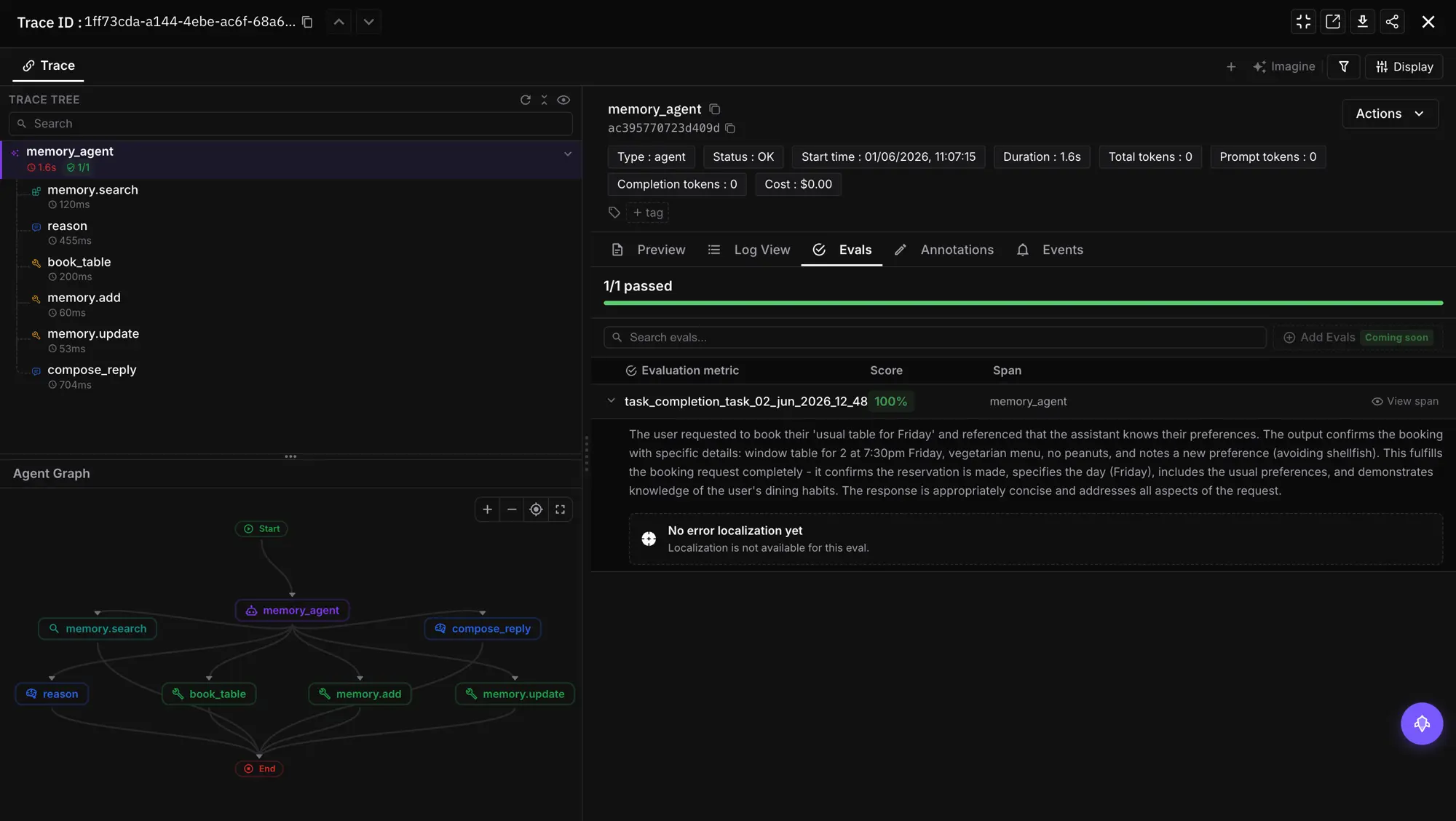 FutureAGI trace native evaluation showing agent span tree with per-step eval scores and task completion metrics attached on a dark dashboard