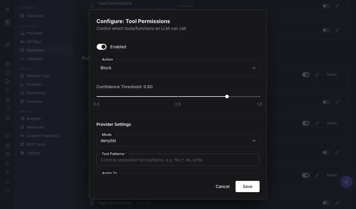 Future AGI Gateway Guardrails showing Tool Permissions scanner — Control which tools/functions an LLM can call — alongside MCP Security for validating MCP tool inputs and outputs