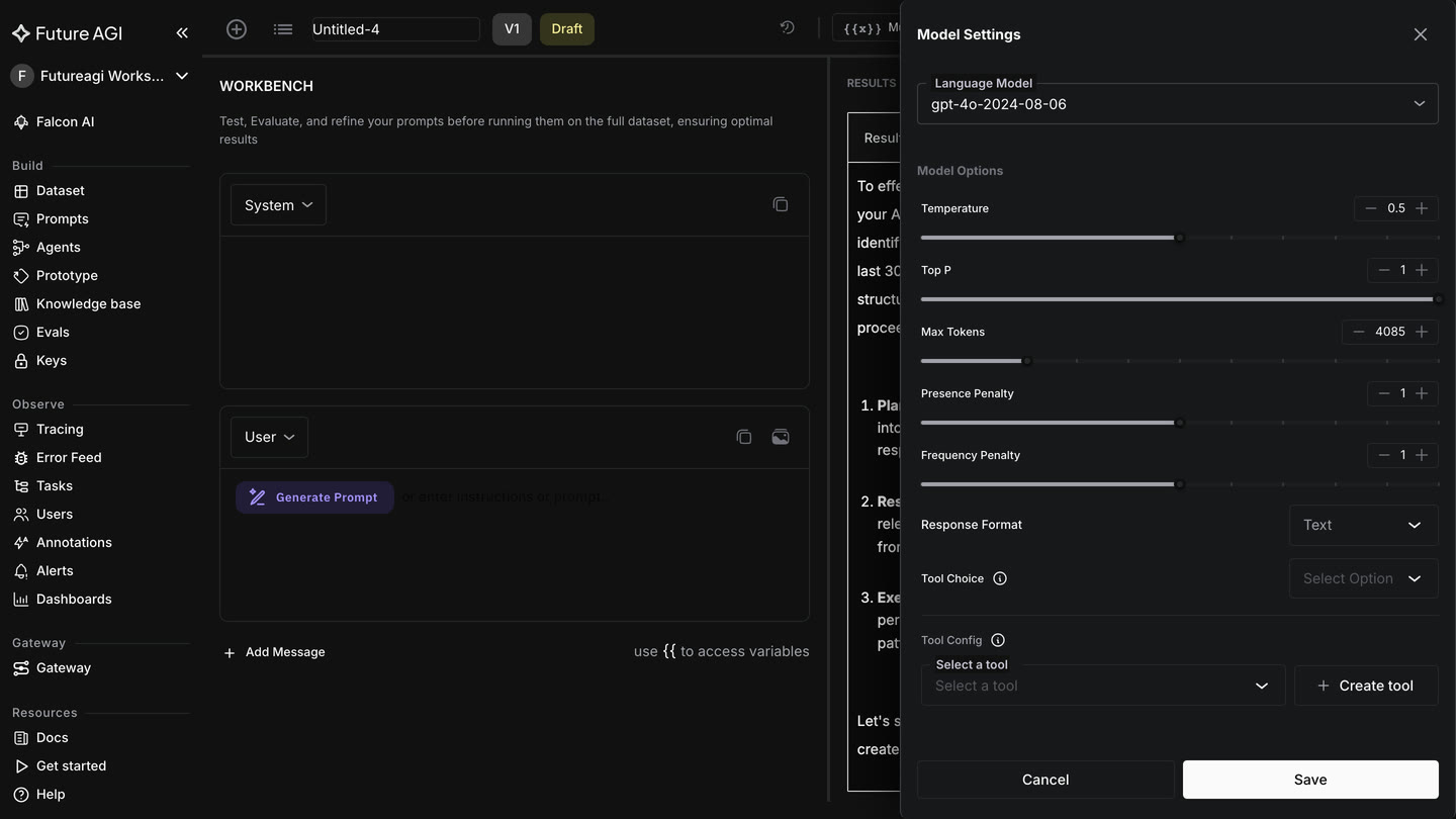 Future AGI prompt workbench Model Settings panel on a dark dashboard. A Language Model selector is set to gpt-4o-2024-08-06, and the Model Options below it expose decoding controls with sliders and steppers for Temperature, Top P, Max Tokens, Presence Penalty, and Frequency Penalty, plus Response Format, Tool Choice, and Tool Config, showing how each candidate model is configured before the same prompt fans out across them.