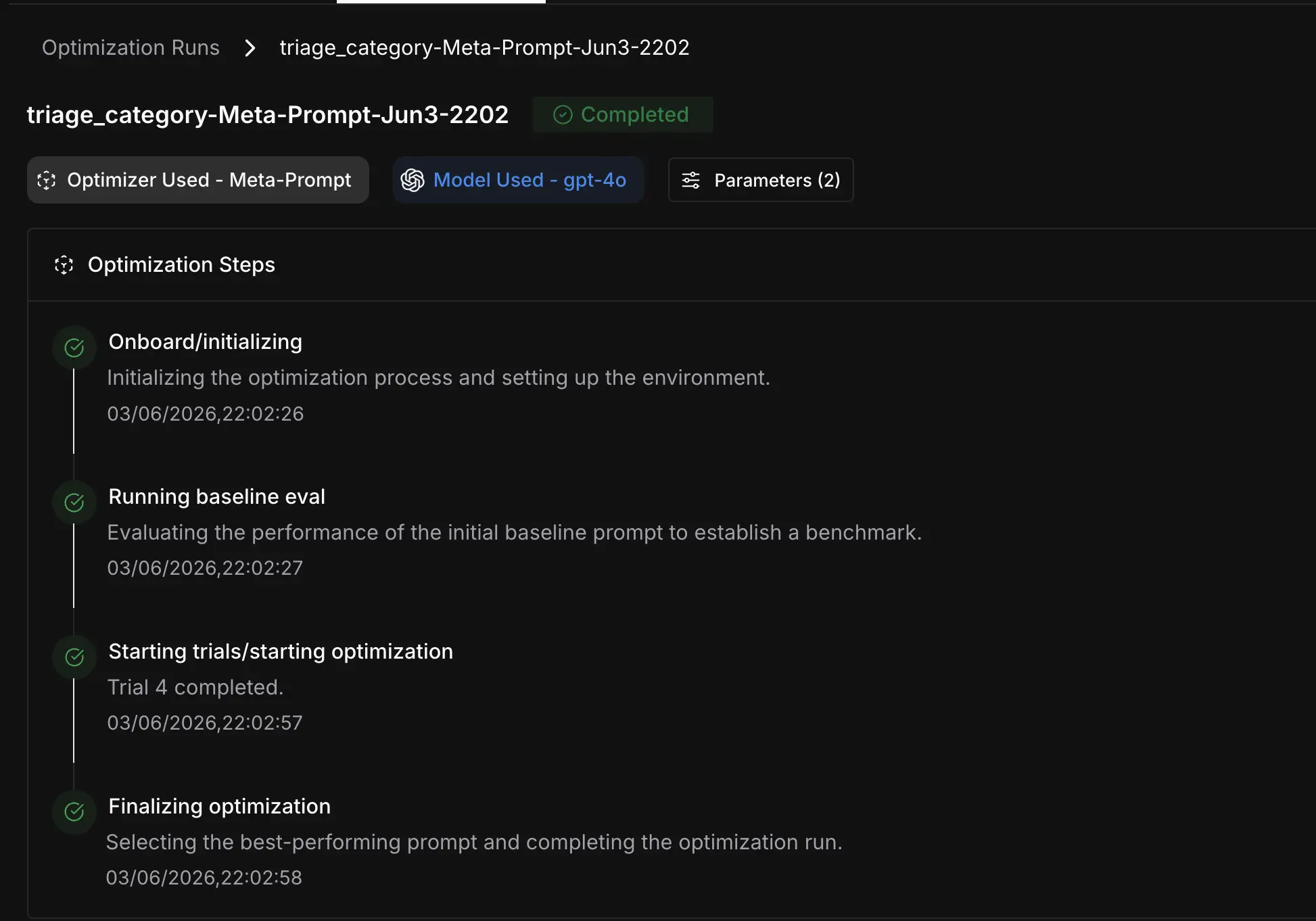 Future AGI Meta-Prompt optimization run showing completed steps: baseline eval, 4 trials, and finalizing — the full optimization loop from benchmark to best prompt