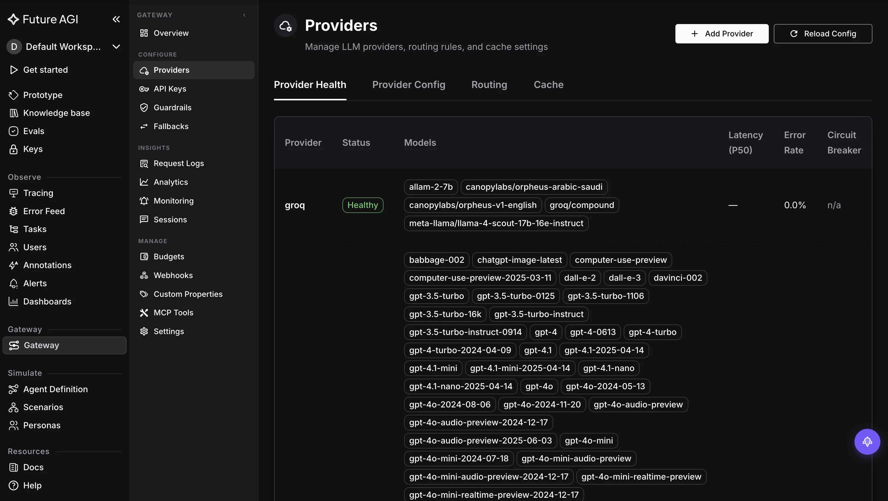 Future AGI Agent Command Center providers page with Provider Health, Provider Config, Routing and Cache tabs showing provider status and available models across groq, openai and other providers