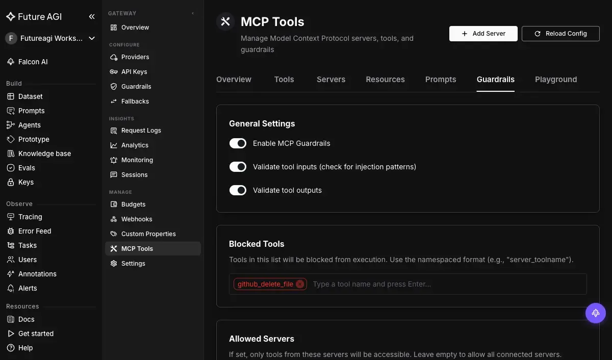 Future AGI Agent Command Center MCP Tools guardrails view with toggles to enable MCP guardrails, validate tool inputs for injection patterns and validate tool outputs, a blocked tools list showing github_delete_file blocked, and an allowed servers setting