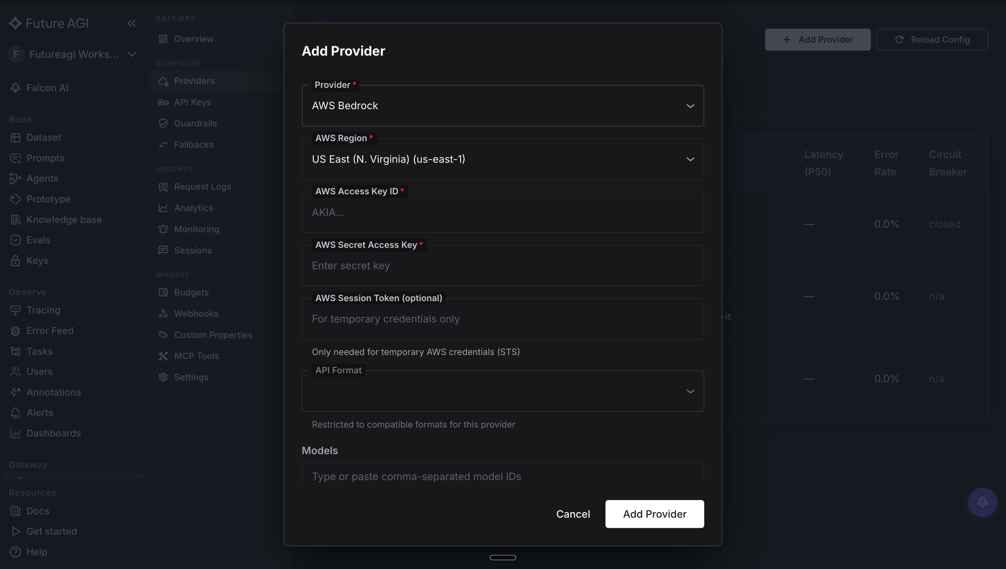 Future AGI gateway Add Provider form on a dark background showing AWS Bedrock selected as the provider with fields for AWS Region set to US East N. Virginia us-east-1, AWS Access Key ID, AWS Secret Access Key, AWS Session Token and API Format, with an Add Provider button