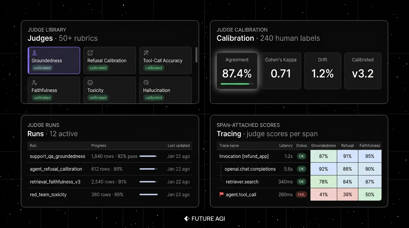 Future AGI four-panel dark product showcase mapped to LLM-as-judge surfaces. Top-left: Judges catalog with 50-plus rubrics (Groundedness focal, plus Refusal Calibration, Tool-Call Accuracy, Faithfulness, Toxicity, Hallucination, each tagged calibrated). Top-right: Calibration KPIs with Agreement 87.4%, Cohen's Kappa 0.71, Drift 1.2%, Calibrated v3.2, focal halo on the 87.4 percent KPI. Bottom-left: Judge Runs with four rows showing run name, row count, and pass rate sparklines. Bottom-right: Tracing with span-attached scores across four spans, latency, OK or FAIL status, and three judge columns colored as a green-to-red heatmap with the failing agent.tool_call row flagged red.