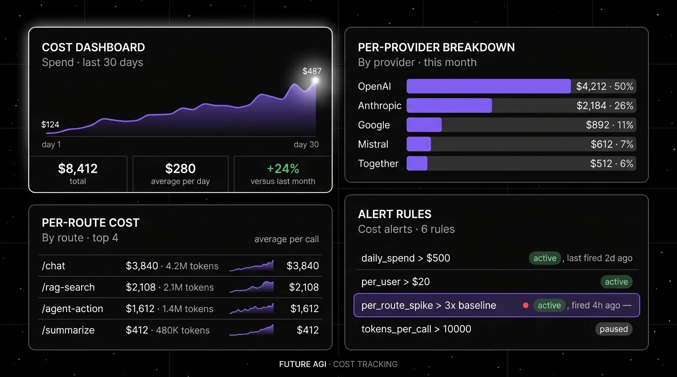 Future AGI four-panel dark product showcase. Top-left: Cost dashboard (focal panel with halo) showing daily spend line chart climbing across 30 days with KPI tiles for total $8,412, avg per day $280, vs last month +24%. Top-right: Per-provider breakdown horizontal bar chart with OpenAI, Anthropic, Google, Mistral, Together rows. Bottom-left: Per-route table with /chat, /rag-search, /agent-action, /summarize spend rows. Bottom-right: Alert rules panel with 4 rules including daily spend threshold, per-user threshold, per-route spike, tokens per call, with one rule fired status.