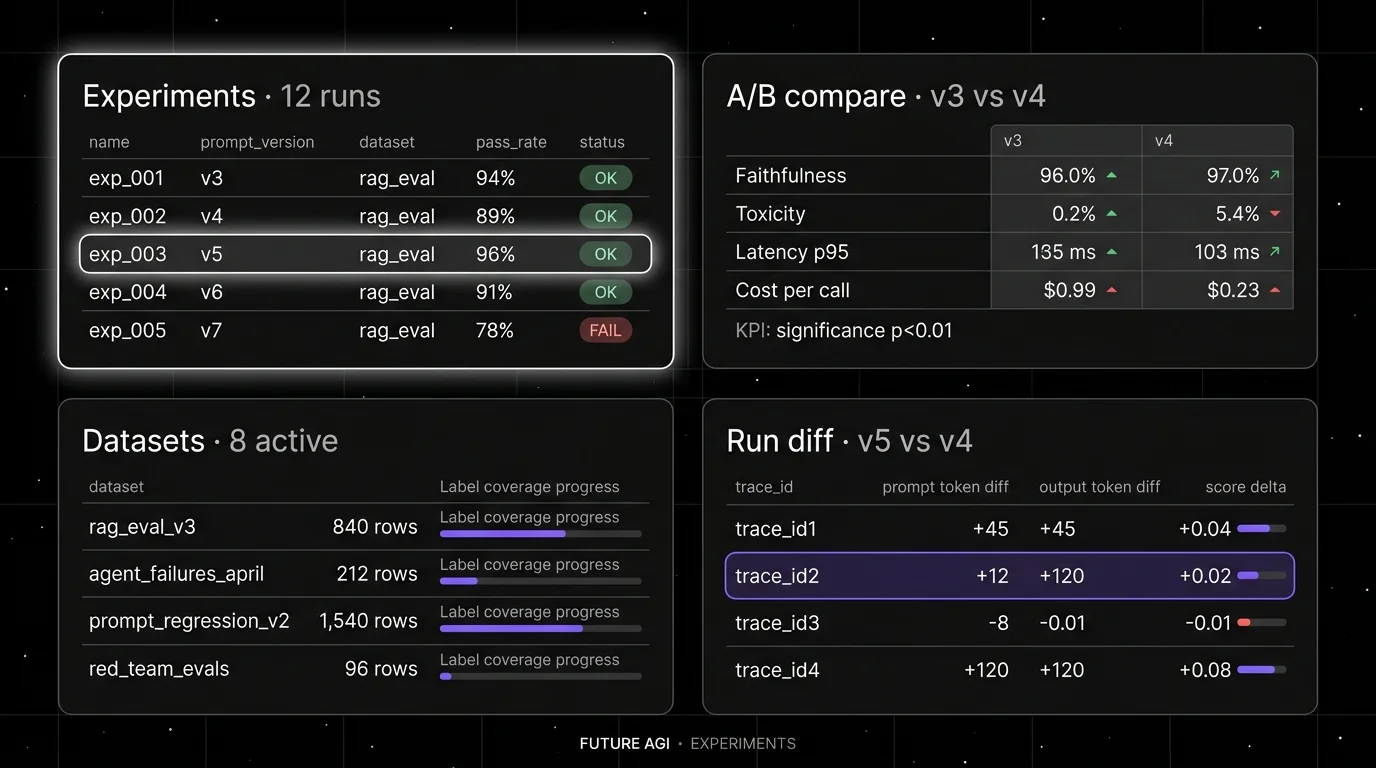 Future AGI four-panel dark product showcase. Top-left: Experiments board (focal panel with halo) showing 5 runs (exp_001 v3 94%, exp_002 v4 89%, exp_003 v5 96% focal, exp_004 v6 91%, exp_005 v7 78% FAIL). Top-right: A/B compare panel for v3 vs v4 with metric rows for Faithfulness, Toxicity, Latency p95, Cost per call with green/red delta arrows. Bottom-left: Datasets table with 4 dataset rows showing label coverage progress bars. Bottom-right: Run diff list with 4 trace_ids showing prompt token diff and score delta bars.