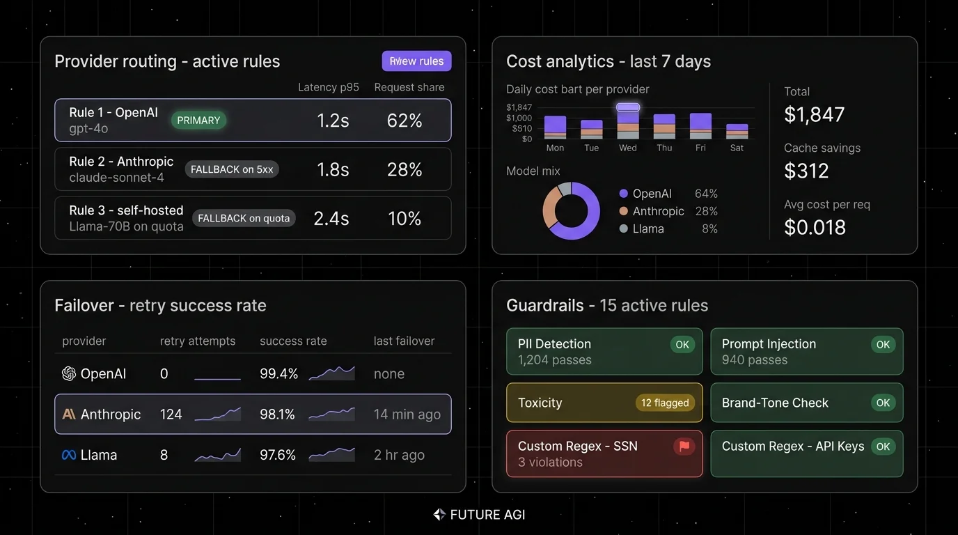 Future AGI four-panel dark product showcase that maps to gateway surfaces. Top-left: Provider routing dashboard with rules listing OpenAI primary, Anthropic fallback on 5xx, self-hosted Llama fallback on quota, with a focal halo on the active route. Top-right: Cost analytics table with daily spend per provider, model mix breakdown, and a focal cost spike highlighted. Bottom-left: Failover panel with retry counts, success rates per provider, and a focal halo on a successful failover event. Bottom-right: Guardrails panel with 15 rules listed (PII detection, toxicity, prompt injection screen) and a focal flagged input violation in red.