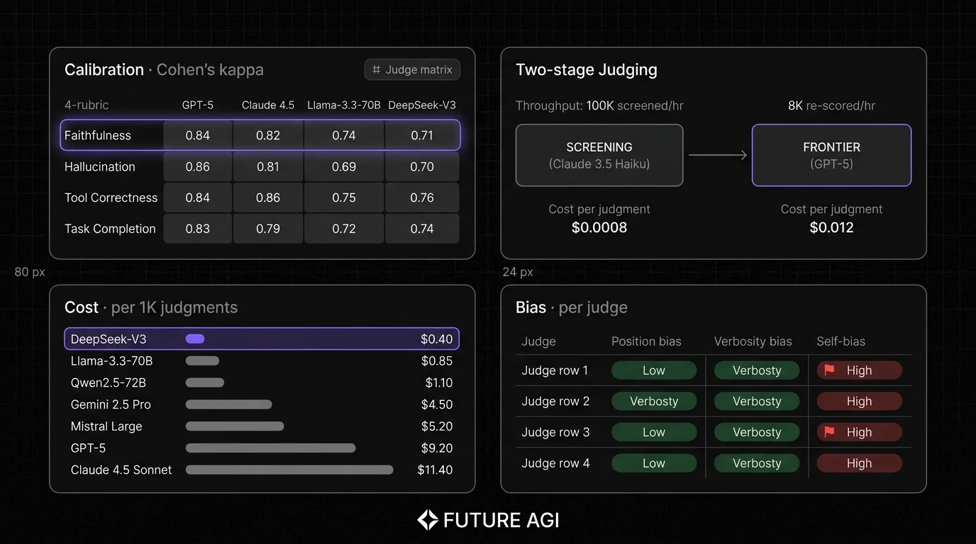 Future AGI four-panel dark product showcase that maps to LLM judge model usage. Top-left: Judge calibration scorecard with 4 rubric rows (Faithfulness, Hallucination, Tool Correctness, Task Completion) showing Cohen's kappa columns per judge model with placeholder bars (calibrate against your own labeled set; numbers vary by rubric). A focal halo on Faithfulness. Top-right: Two-stage judging pipeline with screening judge (Claude 3.5 Haiku) and frontier judge (GPT-5) showing throughput numbers and cost per judgment. Bottom-left: Cost per 1K judgments table with 7 judge models ranked by cost ascending. The DeepSeek-V3 row has a focal violet bar marking the cost leader. Bottom-right: Bias detection panel showing position bias, verbosity bias, self-bias deltas per judge with a focal red flag on a high self-bias case.