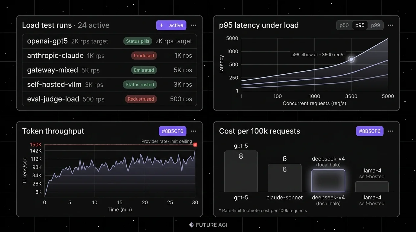 Future AGI four-panel dark product showcase that maps to LLM load testing surfaces. Top-left: TTFT vs concurrency line chart with five labeled lines for the candidate stacks (k6, Locust, vLLM bench, llmperf, FutureAGI sim) without specific values, with a focal halo on the FutureAGI sim line. Top-right: Per-stream output throughput panel with seven rows labeled by candidate with a focal violet bar on one row. Bottom-left: 5xx rate during ramp panel showing concurrency ramping over a fixed window with a red focal flag on a spike. Bottom-right: Cost-per-test-run table with five rows labeled by candidate with a focal halo on one row.