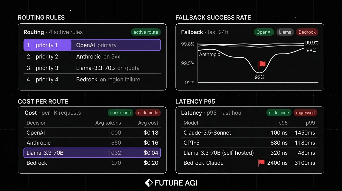 Future AGI four-panel dark product showcase that maps to LLM routing observability. Top-left: Routing rules dashboard with 4 active rules (OpenAI primary, Anthropic 5xx fallback, Llama-self-hosted quota fallback, Bedrock region fallback) and a focal halo on the active route. Top-right: Fallback success rate chart with 4 provider columns and pass-rates over the last 24h, with a red dip on Anthropic and a green recovery curve. Bottom-left: Cost-per-route table with 4 routing decisions, average tokens, average cost per request, and a focal violet bar on the highest-savings route. Bottom-right: Latency p95 panel with 4 model rows, p95 ms, p99 ms, and a focal red flag on a regressed model latency.