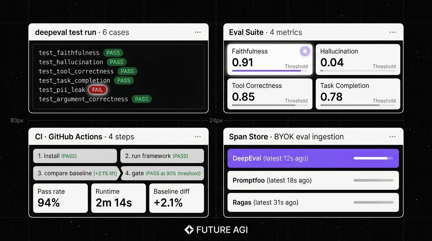 Future AGI four-panel dark product showcase that maps to OSS eval framework integration. Top-left: pytest run output with 6 test cases, pass-rate KPI, and a focal red FAIL on one case. Top-right: Eval results dashboard with 4 metric scorecards (Faithfulness, Hallucination, Tool Correctness, Task Completion) showing percentages and threshold lines, focal halo on Faithfulness. Bottom-left: GitHub Actions workflow with 4 steps (install, run framework, compare baseline, gate) and KPI tiles for pass rate, runtime, baseline diff. Bottom-right: BYOK eval ingestion panel showing eval results from DeepEval, Promptfoo, Ragas being fed into the FAGI span store with a focal violet bar on the latest ingestion event.