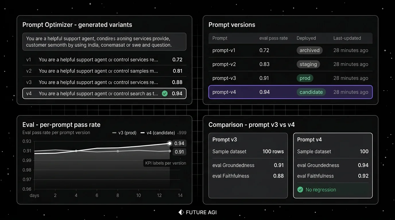Future AGI four-panel dark product showcase that maps to prompt engineering surfaces. Top-left: Prompt Optimizer panel showing input prompt, generated variants, eval scores per variant, and a focal halo on the winning variant. Top-right: Prompt versions table with v1, v2, v3, v4 rows showing eval pass rate, deployed environment, and a focal halo on the latest deployed version. Bottom-left: Eval-attached panel showing per-prompt pass rate trends over time, with the deployed version highlighted. Bottom-right: Comparison mode panel showing two prompts side by side with their datasets, eval scores, and a focal flagged regression highlighted.