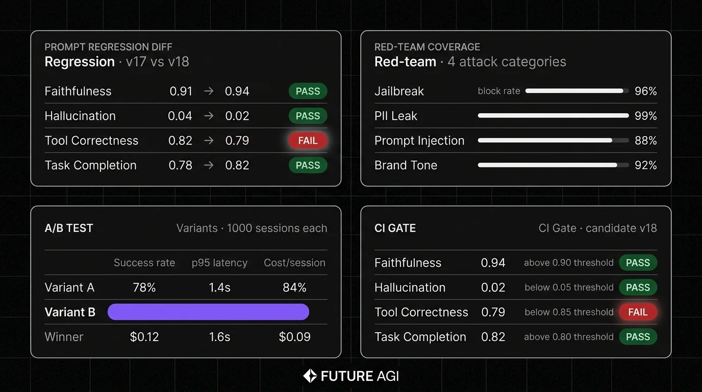 Future AGI four-panel dark product showcase that maps to prompt testing observability. Top-left: Prompt regression diff with v17 vs v18 columns showing pass-rate per assertion (Faithfulness 0.91 -> 0.94, Hallucination 0.04 -> 0.02, Tool Correctness 0.82 -> 0.79 RED, Task Completion 0.78 -> 0.82). The Tool Correctness regressed row has a focal red FAIL pill and white halo glow. Top-right: Red-team coverage scorecard with 4 attack categories (Jailbreak, PII Leak, Prompt Injection, Brand Tone) showing block rates per category. Bottom-left: A/B test results with two prompt variants (A and B) and 1000 sessions each, showing success rate, p95 latency, cost per session. Variant B wins; focal violet bar on B. Bottom-right: CI gate panel with deploy candidate prompt v18 against threshold lines, with a red FAIL gate.