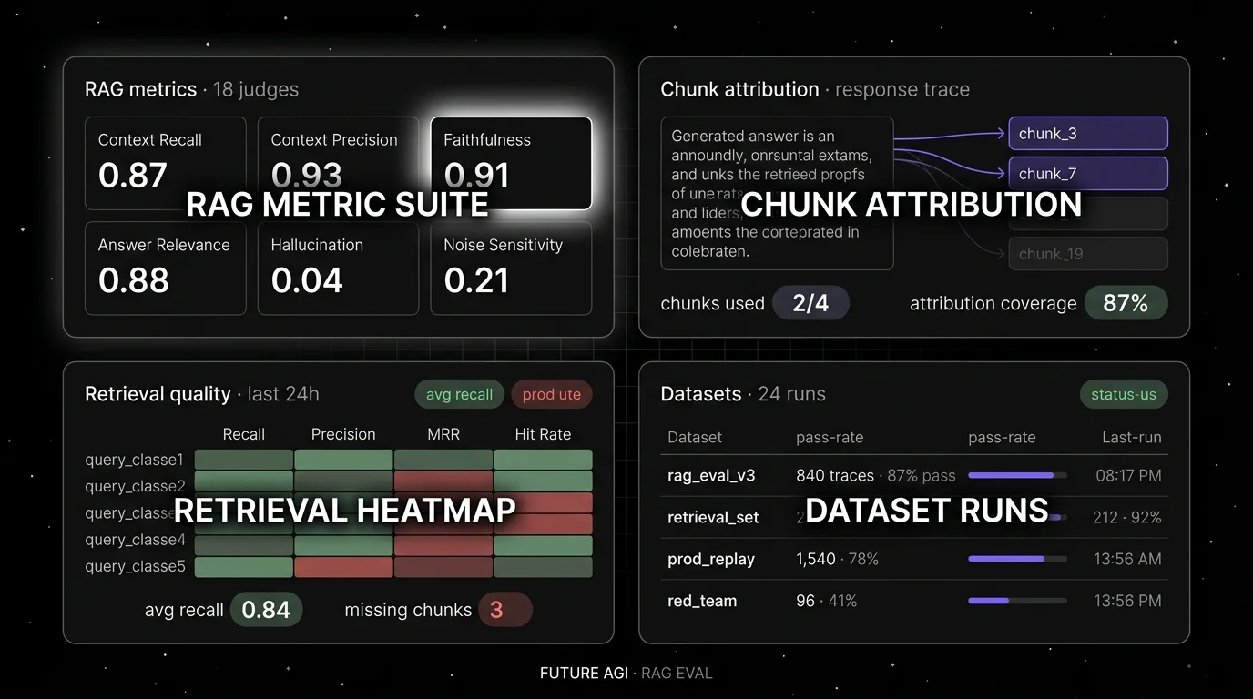 Future AGI four-panel dark product showcase. Top-left: RAG metric suite (focal panel with halo) showing 6 metric cards including Context Recall 0.87, Context Precision 0.93, Faithfulness 0.91, Answer Relevance 0.88, Hallucination 0.04, Noise Sensitivity 0.21. Top-right: Chunk attribution visualization with answer text on left and 4 retrieved chunks on right with thin attribution arrows. Bottom-left: Retrieval heatmap grid 6x4 with query classes and 4 evaluators. Bottom-right: Dataset runs table with rag_eval_v3, retrieval_set, prod_replay, red_team rows showing pass-rate progress bars.