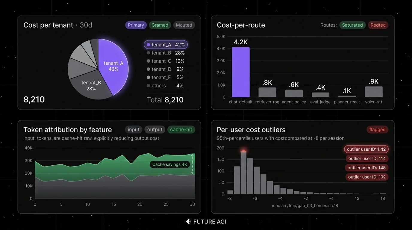 Future AGI four-panel dark product showcase that maps to token cost tracking. Top-left: Per-tenant pie chart with five tenant slices showing tokens consumed and total cost, with a focal halo on the largest most-expensive slice labeled tenant_id=acme at 38%. Top-right: Per-feature bar chart with four features (chat, rag, summarize, agent_run) and cost per 1K requests, with a focal violet bar on the agent_run feature at $4.20. Bottom-left: Cached vs uncached input pricing panel with five model rows (gpt-4o, gpt-4o-mini, claude-3.5, gemini-2.5, llama-3.1) and a focal red flag on a model with low cache hit rate. Bottom-right: Cost spike alert panel showing a daily cost trend with a focal halo on a 4x spike on Dec 14 routed to a notification.