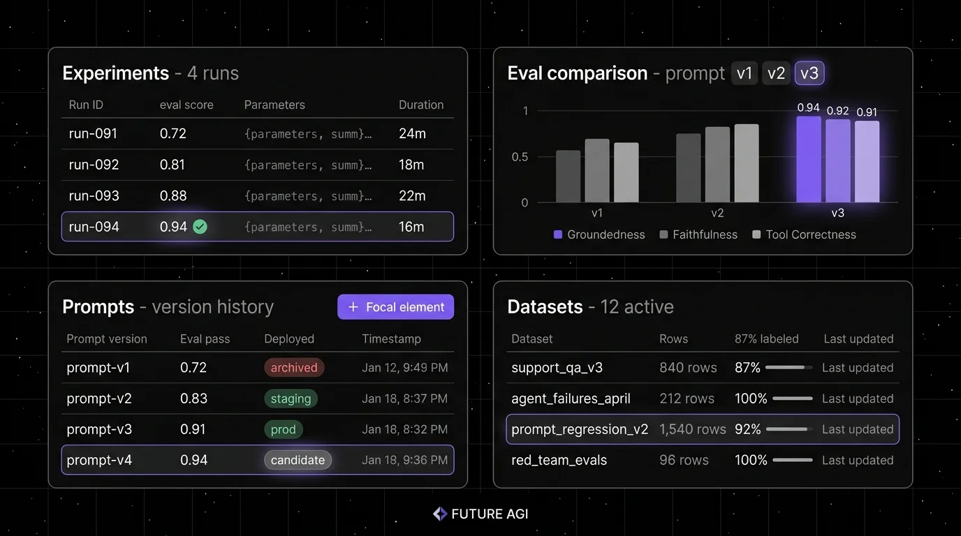 Future AGI four-panel dark product showcase that maps to W&B-alternative surfaces. Top-left: Experiments comparison panel with multiple runs side by side, eval scores per run, and a focal halo on the winning run. Top-right: Eval comparison table with prompt v1 v2 v3 across the same dataset, pass rate per version, and a focal halo on the latest deployed version. Bottom-left: Prompt versions table with v1, v2, v3, v4 rows showing eval pass rate, deployed environment, and a focal halo on the latest deployed version. Bottom-right: Datasets table with 12 active sets showing rows + label coverage + last updated, with a focal halo on the latest dataset.
