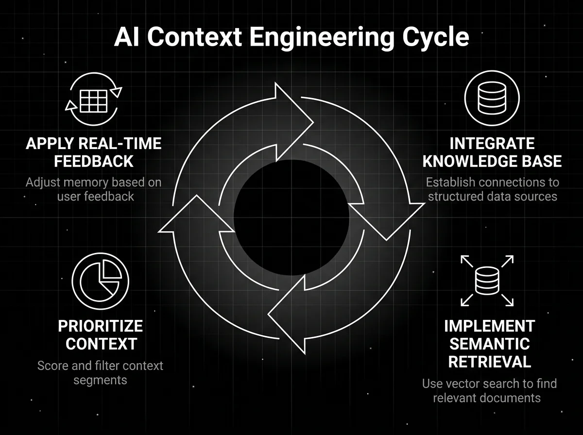 AI Context Engineering Cycle diagram on a dark background showing a circular flow with four stages: Integrate Knowledge Base for establishing connections to structured data sources, Implement Semantic Retrieval using vector search to find relevant documents, Prioritize Context for scoring and filtering context segments, and Apply Real-Time Feedback for adjusting memory based on user feedback