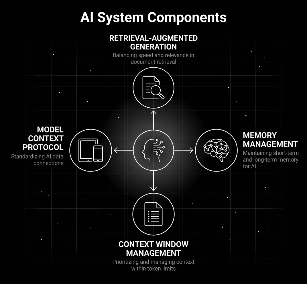 AI System Components diagram on a dark background showing four connected nodes: Retrieval-Augmented Generation for balancing speed and relevance in document retrieval, Memory Management for maintaining short-term and long-term memory, Model Context Protocol for standardizing AI data connections, and Context Window Management for prioritizing and managing context within token limits