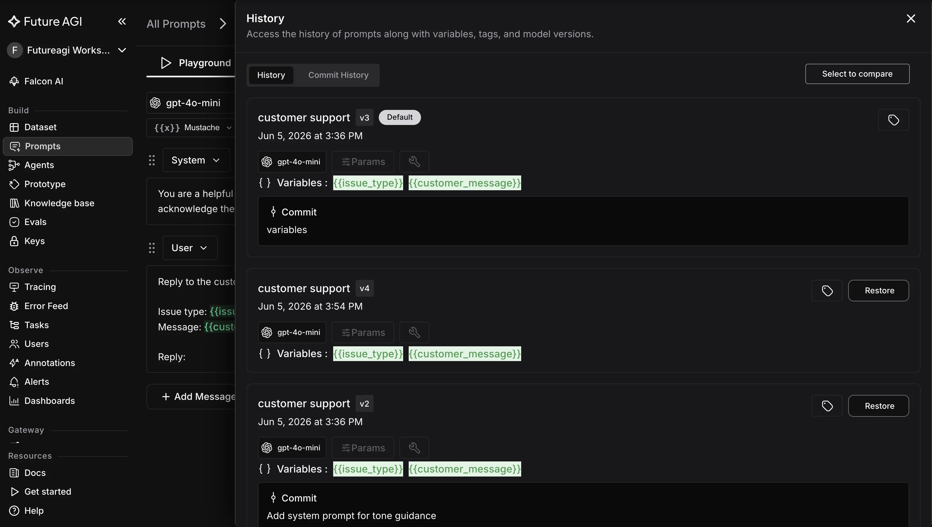 Future AGI Prompt Workbench on a dark background showing version history for a prompt with v2, v3 and v4 entries, commit messages describing changes, author avatars, timestamps, and a diff view comparing prompt versions
