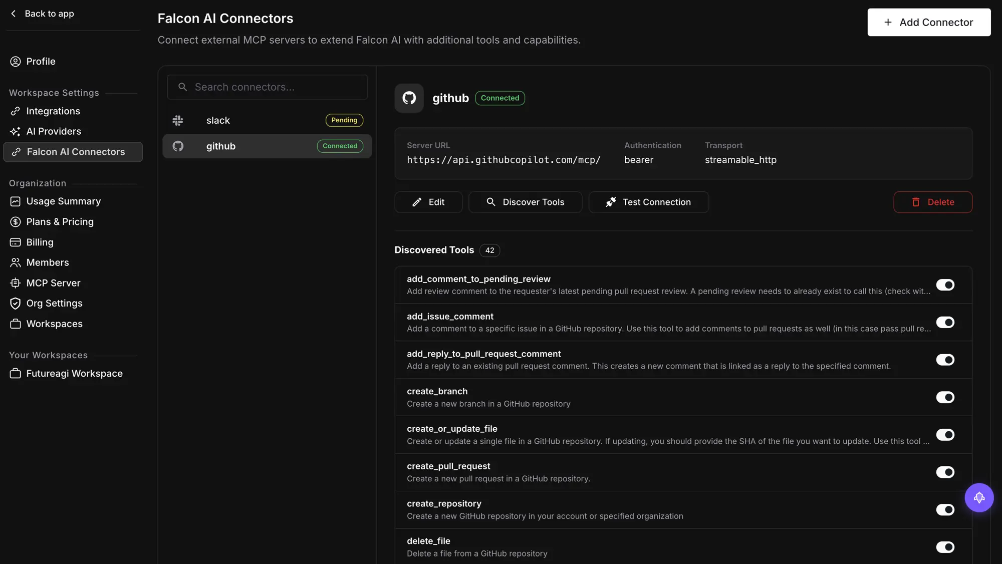 Falcon AI Connectors page showing GitHub connected with 42 discovered tools and Slack pending, demonstrating how external MCP servers extend Falcon AI beyond the platform