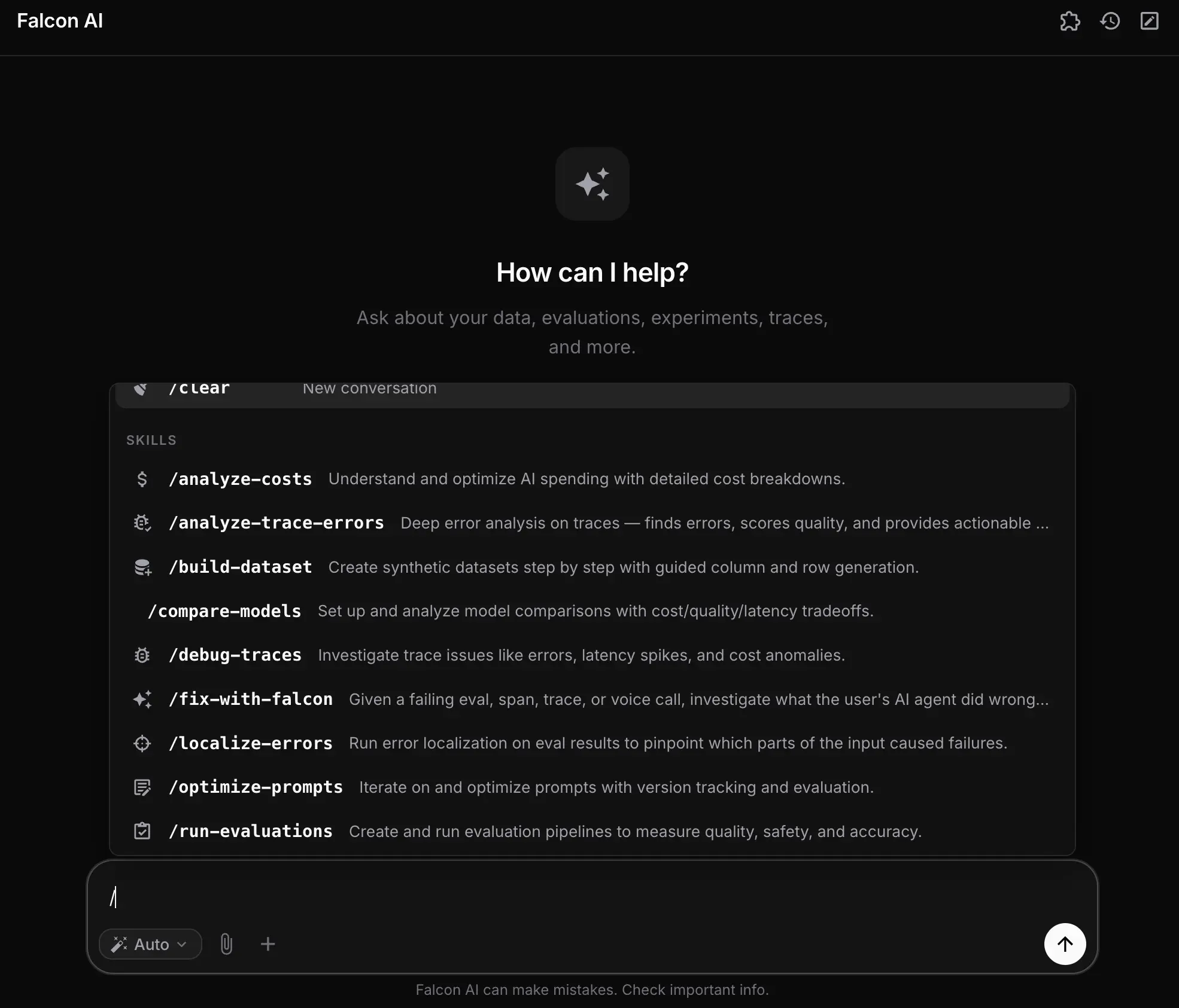 Falcon AI skills panel showing the slash command dropdown with built-in skills including /analyze-costs, /analyze-trace-errors, /build-dataset, /compare-models, /debug-traces, /fix-with-falcon, /localize-errors, /optimize-prompts, and /run-evaluations