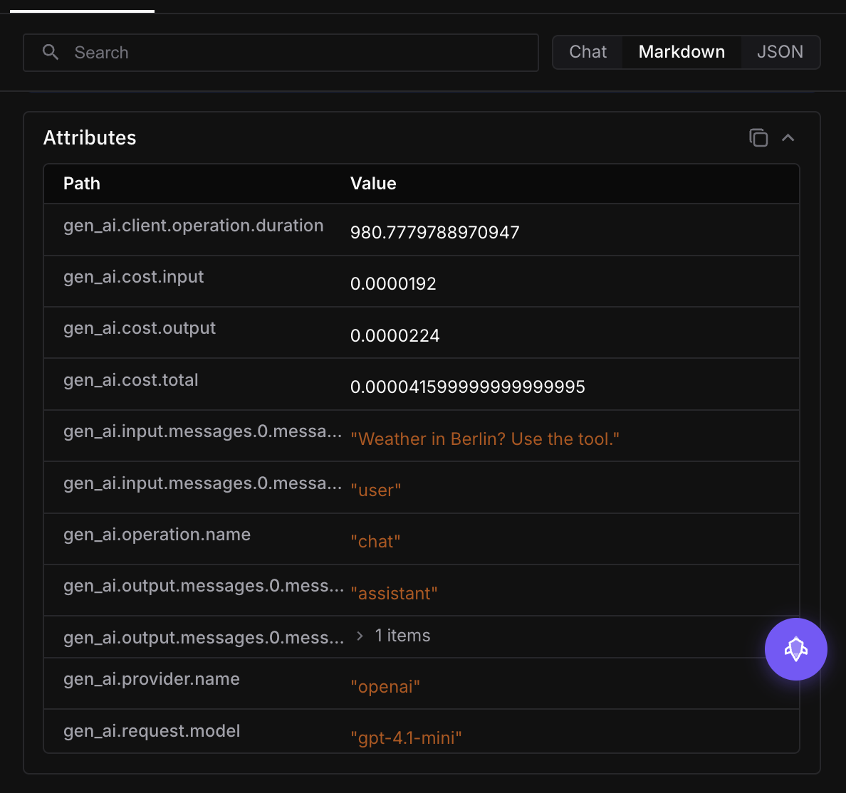 Future AGI span attributes panel on a dark dashboard showing gen_ai fields including operation name, provider name, request model, input and output messages and cost breakdown for a LangChain LLM call