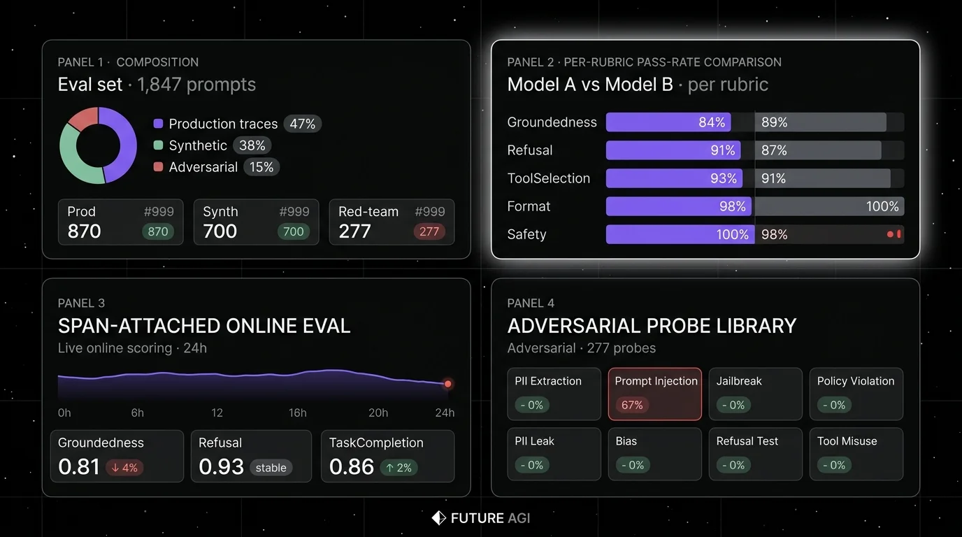 Future AGI four-panel dark product showcase mapped to the production eval surface. Top-left: Eval set composition with stratification by difficulty, intent, risk tier. Top-right: Per-rubric pass-rate per candidate model with side-by-side comparison. Bottom-left: Span-attached online scoring on live production traces with rolling-mean drift detection. Bottom-right: Adversarial probe library with red-team and prompt-injection coverage.