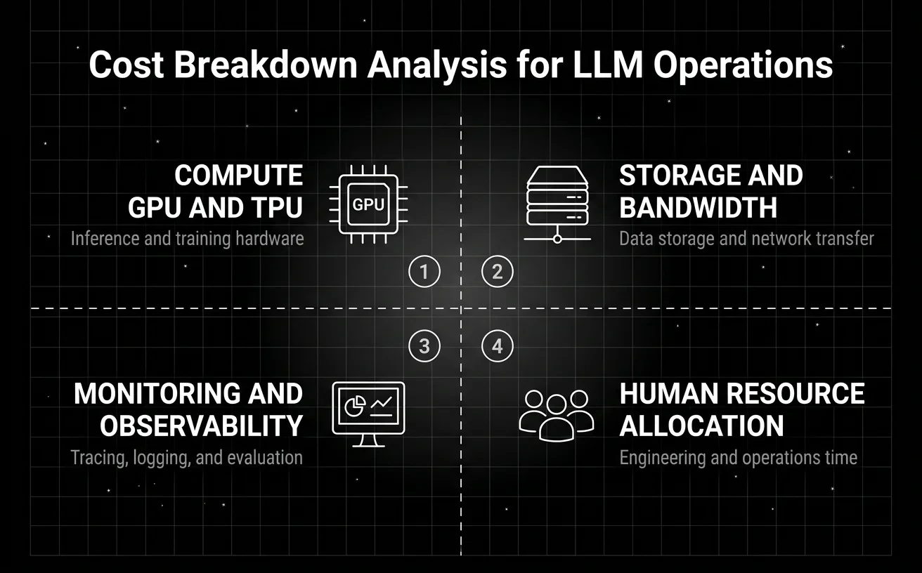 Cost Breakdown Analysis for LLM Operations diagram on a dark background showing four quadrants: Compute GPU and TPU for inference and training hardware, Storage and Bandwidth for data storage and network transfer, Monitoring and Observability for tracing logging and evaluation, and Human Resource Allocation for engineering and operations time
