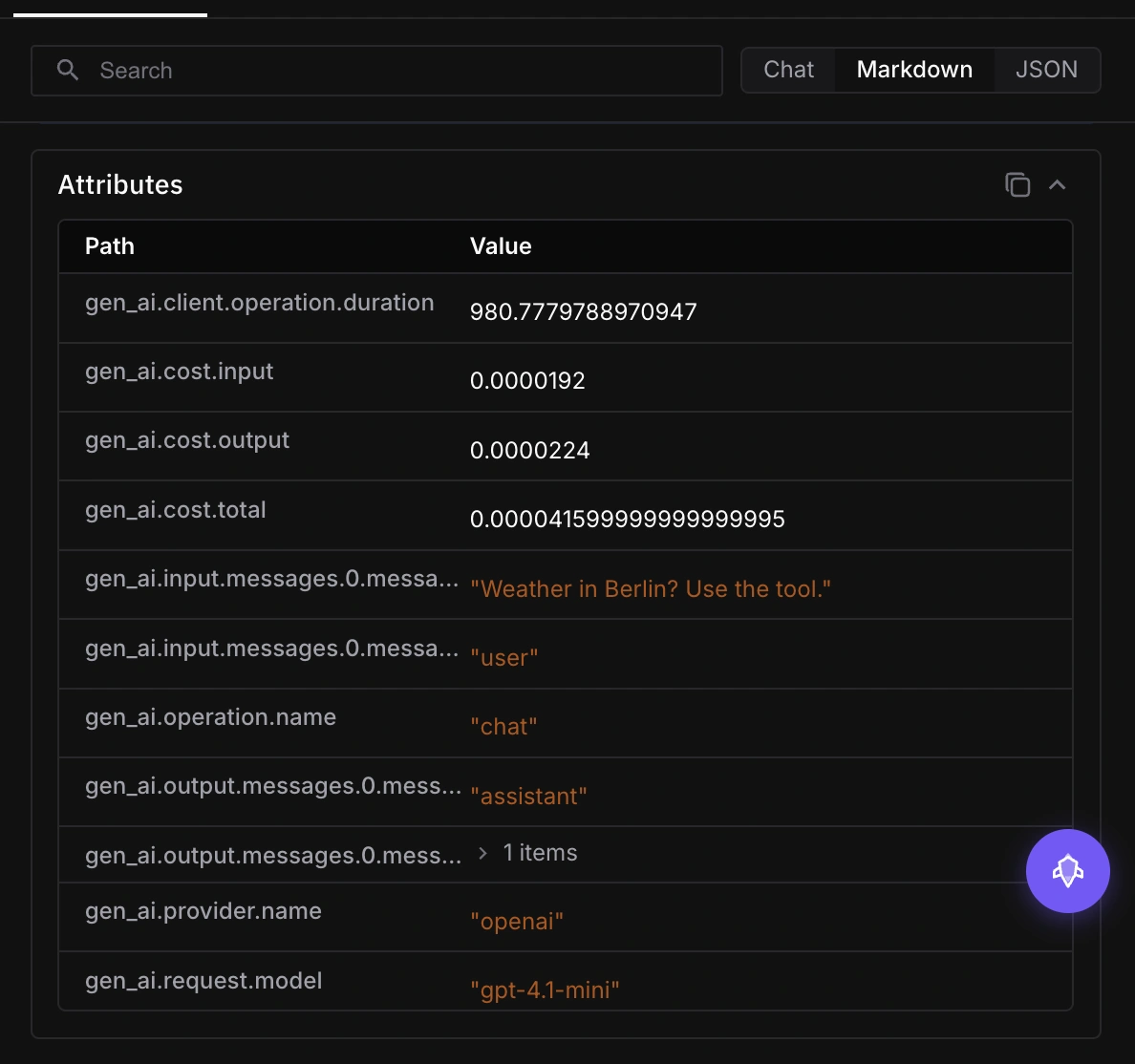 FutureAGI trace span showing gen_ai semantic convention attributes including gen_ai.usage.input_tokens, gen_ai.usage.output_tokens and gen_ai.request.model on a dark dashboard