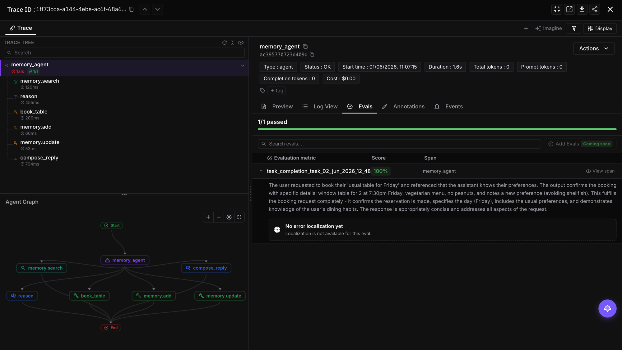 FutureAGI trace with native evaluation scores attached to spans showing groundedness and toxicity results on a dark dashboard