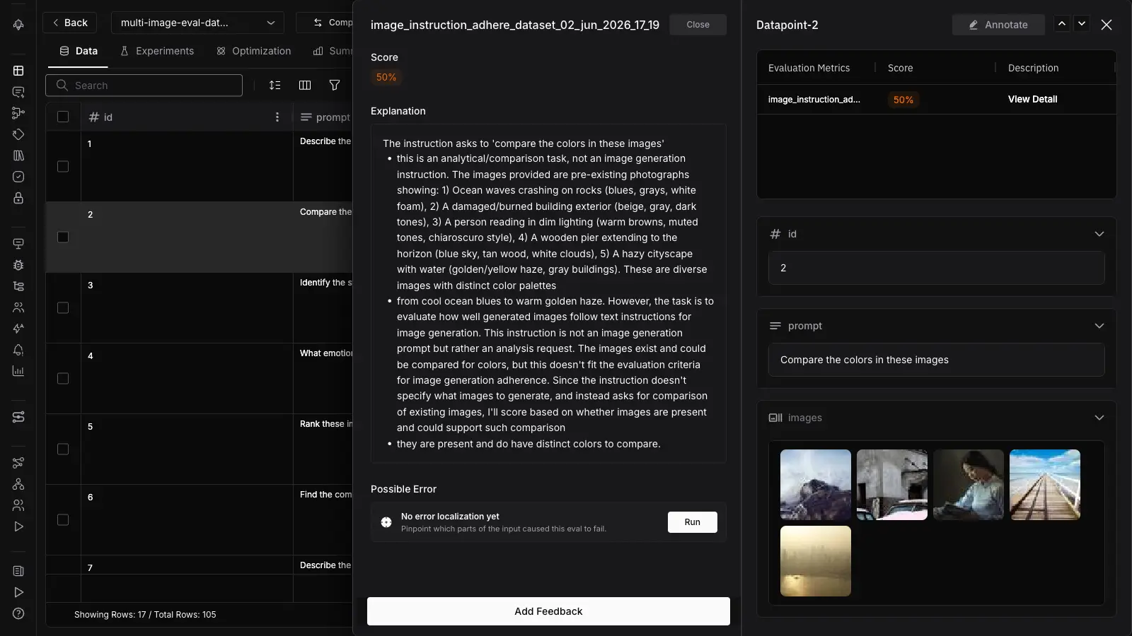 Future AGI multimodal eval result showing the image_instruction_adherence judge explanation for a color comparison task — the judge analyzes 5 real images and explains why the score is 0.5, with the actual image thumbnails visible alongside the reasoning
