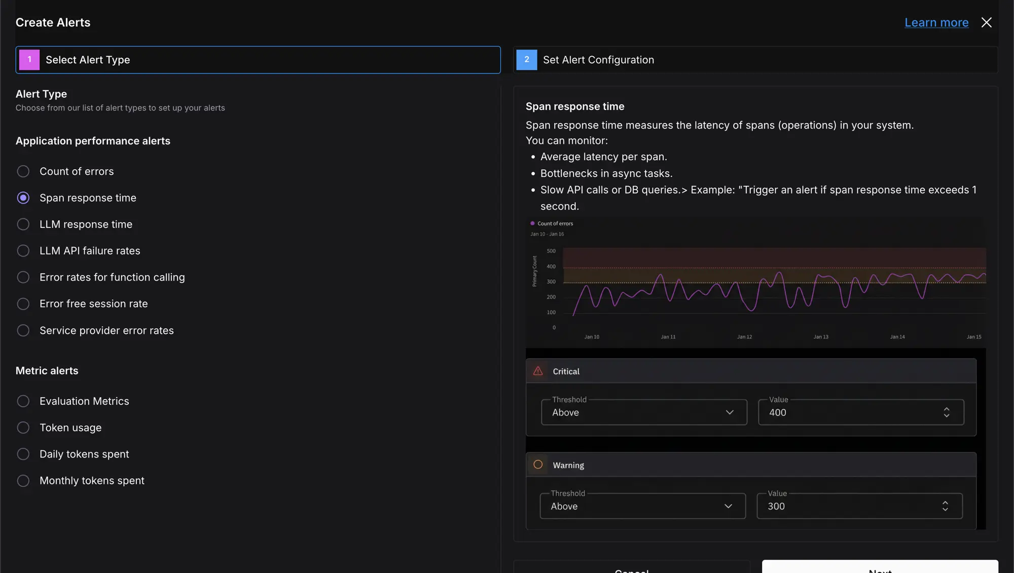 Future AGI Create Alert dialog showing alert type selection — Count of errors, Span response time, LLM response time, Evaluation Metrics, Token usage — with threshold configuration for Critical above 400 and Warning above 300, and a metric chart showing the trend