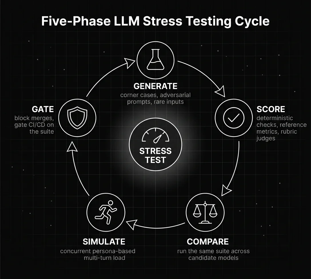 Five-Phase LLM Stress Testing Cycle diagram on a dark background showing a circular pipeline with five stages: Generate for corner cases, adversarial prompts, and rare inputs; Score with deterministic checks, reference metrics, and rubric judges; Compare to run the same suite across candidate models; Simulate for concurrent persona-based multi-turn load; and Gate to block merges and gate CI/CD on the suite