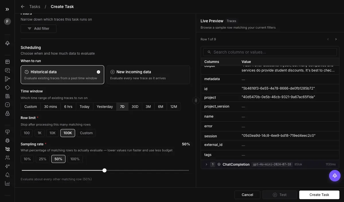Future AGI Eval Task Scheduling section showing Historical data vs New incoming data toggle, time window options (30 mins to 12M), row limit up to 100K, and Sampling rate at 50% — evaluate every other matching row to control cost